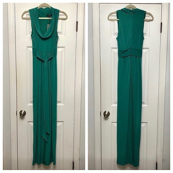 Halston Heritage Gown Column Maxi Dress Draped Cowl Neck Jersey Knit Green NWT S - Picture 7 of 8